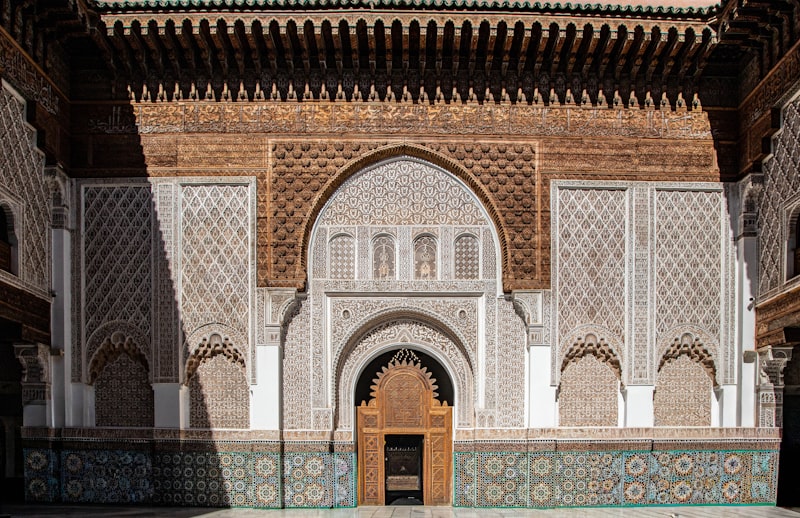 Ornate courtyard with zellige tilework in a Moroccan riad
