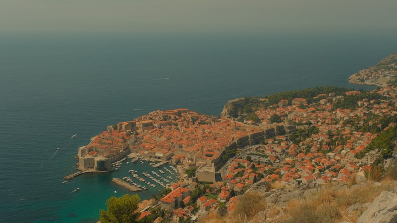 Aerial panoramic view of Dubrovnik Old Town and Adriatic Sea from Mount Srđ