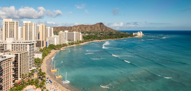 Waikiki Beach with Diamond Head volcano in background