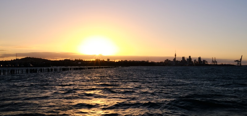 Auckland waterfront Viaduct Harbour at sunset