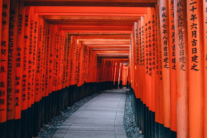 Tunnel of vermillion torii gates at Fushimi Inari