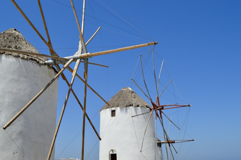 Traditional windmills and whitewashed buildings in Mykonos