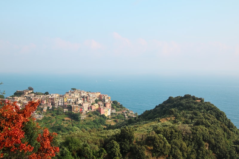 Italian aperitivo spread with wine and small bites against a coastal view