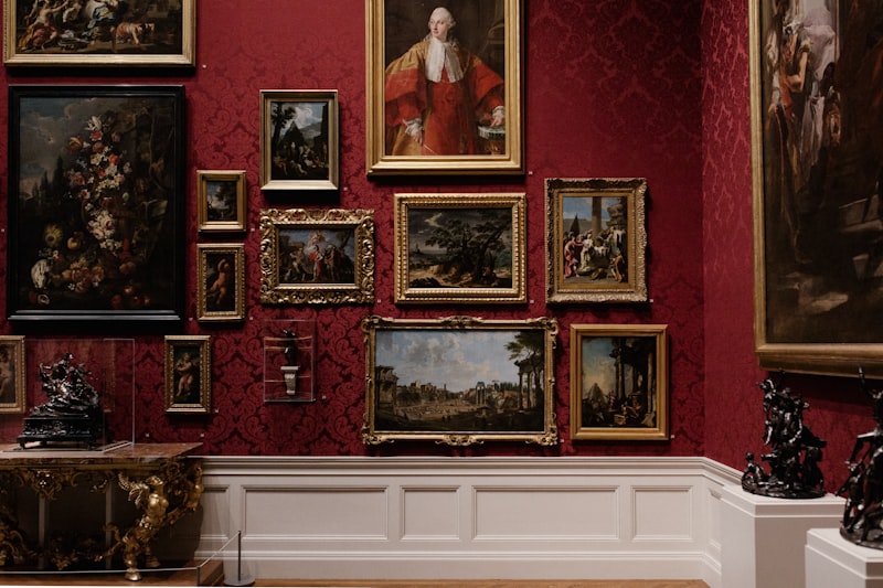 Grand museum interior with classical columns and art galleries